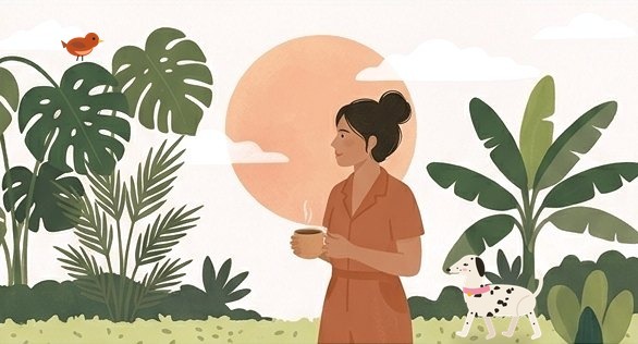 The owner enjoying morning coffee in her garden