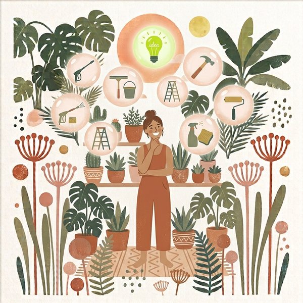 A smiling owner surrounded by floating bubbles of tools and a glowing lightbulb